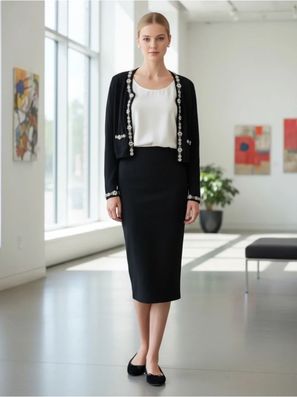 Vintage Berek Takako Sakon Cropped Black Cardigan with Pearls And Sequins Trim - Picture 4 of 16